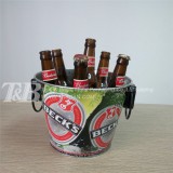 Ice bucket with decorative handfles and colorful logo